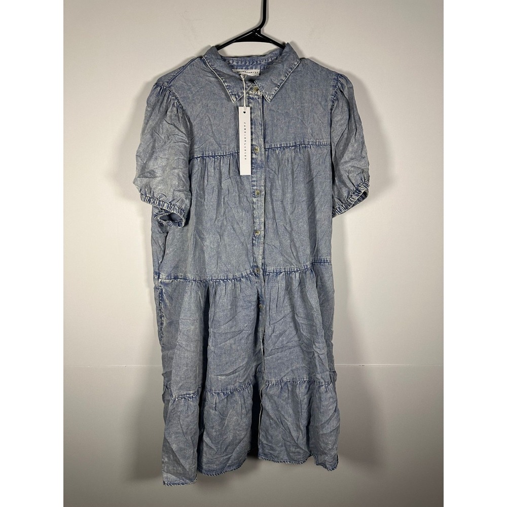 Jane Delancey Dress Women 1X Chambray Button Front Short Sleeve Blue Jean Look